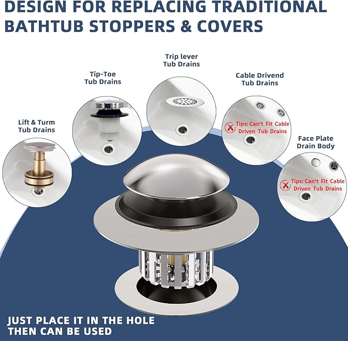 Drain Strainer Universal Tub Stopper Bathtub Drain, Drain Hair Catcher and Cover, Pop Up Tub Stopper Bathtub Drain Plug Cover Replaces Bath Tub Bathtub Drains (Matt Silver)