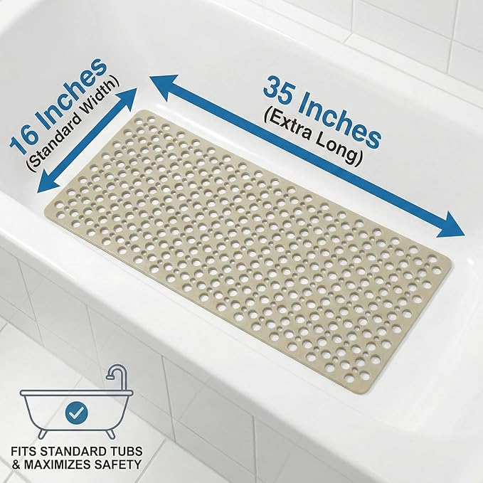 Nonslip Bathtub Mat Extra Soft TPE Bath Mat for Kids, Machine Washable Bathroom Shower Mat, Smooth/Non-Textured Tubs Only, 35L x 16W Inch (Light Brown)