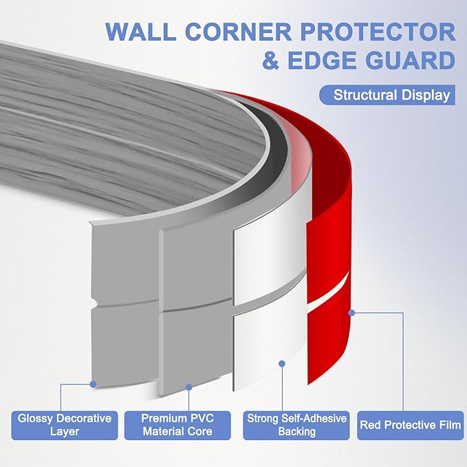 Wall Corner Protector Moulding Trim Peel and Stick Wall Corner Guards Trim Flexible Self Adhesive Edge Protector Moulding, 1.6 in x40 Ft, Light Gray Wood