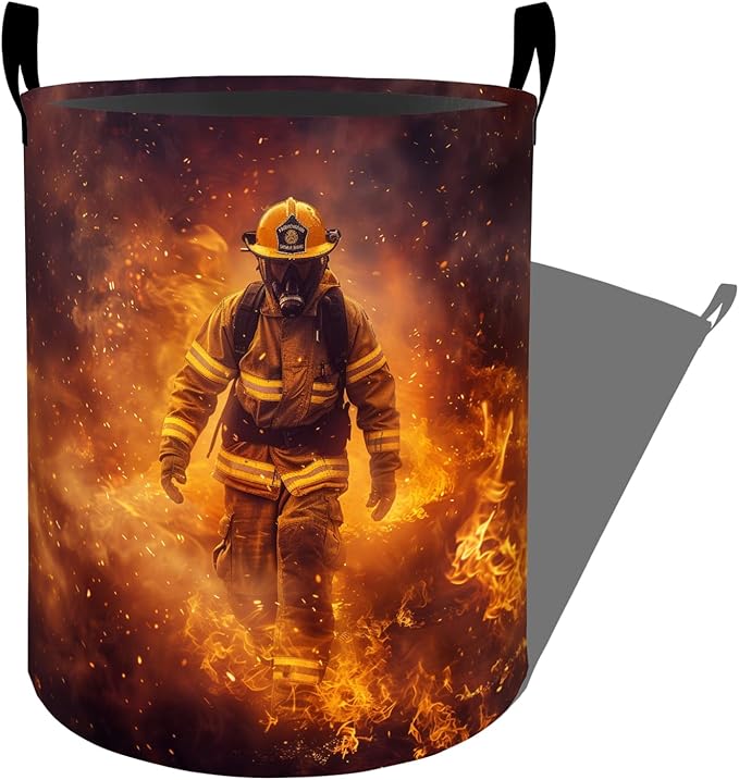 Brave Firefighter Walking Through Flames Laundry Basket with Handles, 19.7"x15.7" Clothes Foldable Laundry Hamper Organizer for Dorm Nursery Bedroom Bathroom Decor, Toy Storage Bin for Kids
