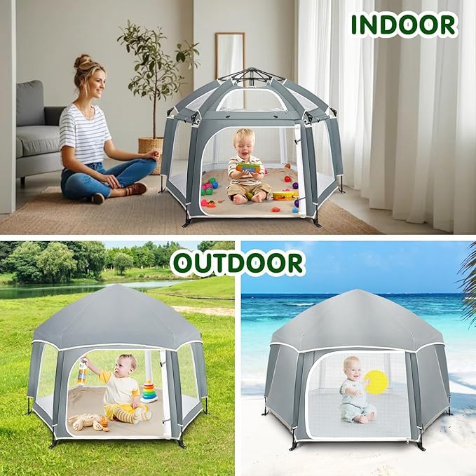 Zooawa Pop Up Playpen for Baby, 150*100 cm(L*H) Playpen for Babies and Toddlers with Removable Sun-Shades& 2 Side UV Covers, Lightweight Outdoor Baby Play pen for Beach Home with Travel Bag,Light Gray