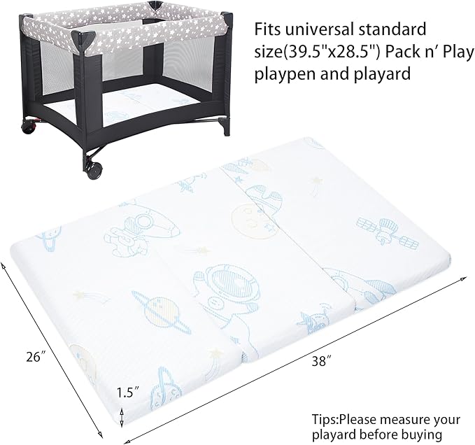 Pack and Play Mattress Pad, Trifold Portable Crib Pack N Play Mattresses, 38" x 26" x 1.5" Jacquard Playpen Mattress for Travel Soft Breathable Play Yard Mattress with Washable Cover