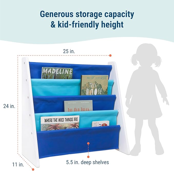 Wildkin Vegan Leather Sling Bookshelf for Kids – Premium Easy Clean Sling Canvas Design with 4 Fabric Shelves, Organizer for Home or Classroom - White w/Multi-Blue