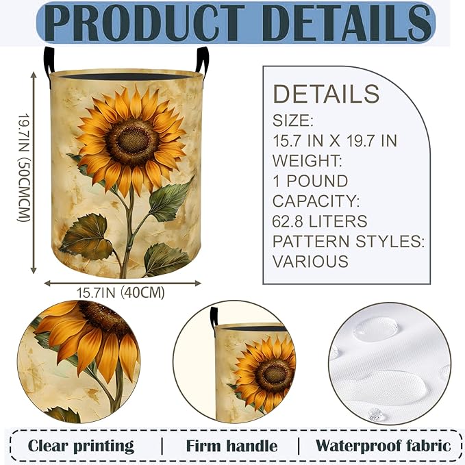 Sunflower Laundry Basket Hamper 19.7"x15.8", Vintage Sunflower Foldable Waterproof Oxford Clothes Storage Bucket for Room Bathroom Bedroom Nursery Decor, Toy Organizer Bins Gifts for Kids Boys Girls