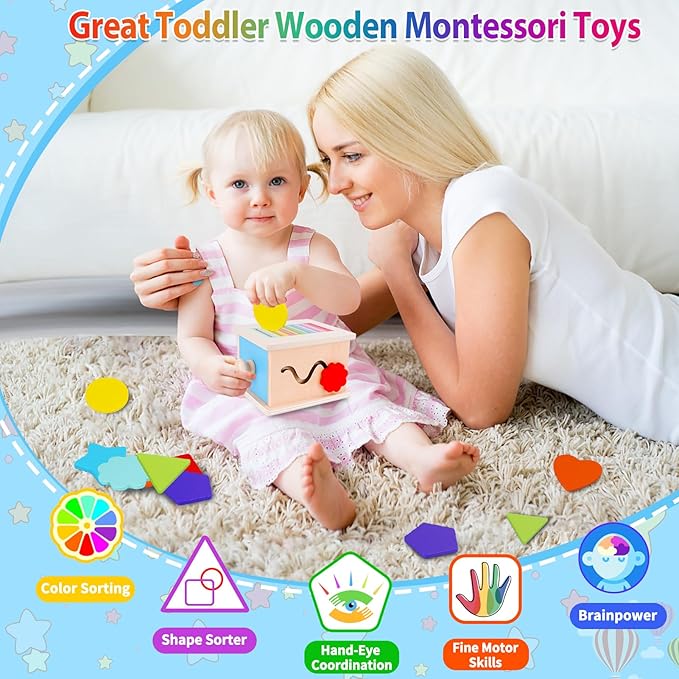FCSONU Toddlers Montessori Coin Box Toys for 1 2 3 Year Old Boys Girls, Wooden Baby Toys for Toddlers 1-3, Color Sorting Stacking Sensory Toys for Ages 2-3, Easter Birthday for Kids