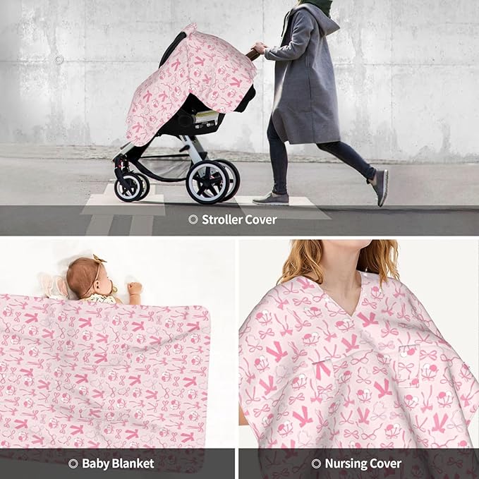 Pink Bow Baby Car Seat Canopy Cover Multi Use Shower Gift, Nursing Cover for Mom Nursing Covers, Bow Baby Stuff Items