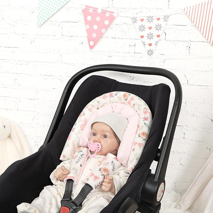 GFU Baby Car Seat Head Support for Newborn, 2 in 1 Infant Car Seat Head Body Support with Strap Pads, Soft Stroller Cushion Pillow Insert for Girls, Fits for Stroller, Swing, Pink Floral