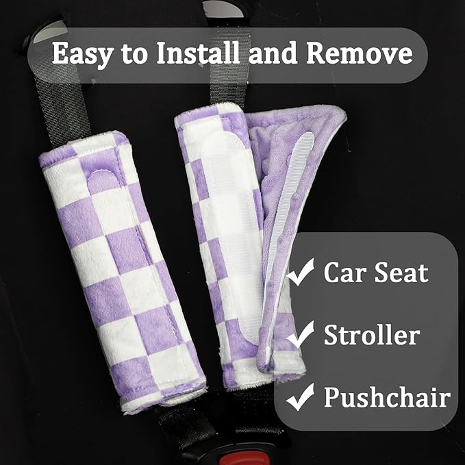 DILIMI Baby Car Seat Belt Covers, 2Pcs Carseat Shoulder Strap Pads, Soft Minky Car Seat Neck Covers, Newborn Car Seat Strap Protectors, Stroller Strap Covers for Baby Kids, Purple Checkered