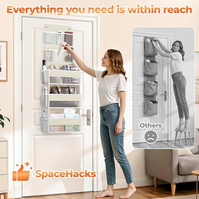 5-Tier Over The Door Organizer with Mesh Pockets, Baby Nursery Storage for Closet, Bathroom and Bedroom, Adjustable Hanging Closet Organizer for Cosmetics, Books and Essentials（Beige）
