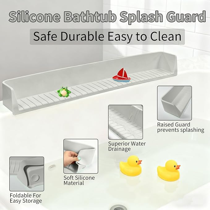 Bathtub Splash Guard for Tub Kids - 31IN Silicone Splash Guard with 11 Strong Suction Cups, Toy Tray Caddy Holder for Tub, Prevent Water Spills in Bathroom, Suitable for Kitchen Sinks and Bathtubs