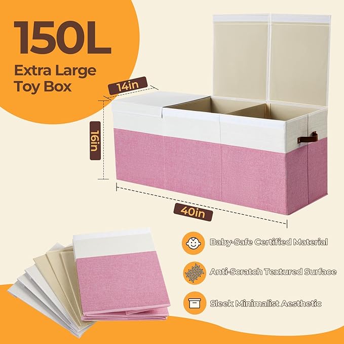 Uniency Extra Large Toy Box,150L Foldable Sturdy Toy Storage with Lid,40"x14"x16" Kids Storage Organizer,Toy Chest for Boys&Girls,for Nursery,Bedroom,Playroom,Living Room,Large Capacity Toybox(Pink)