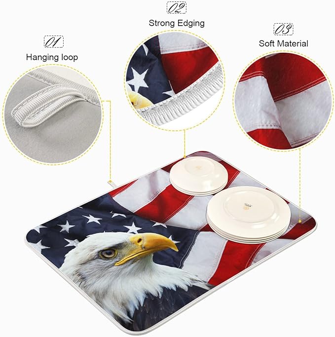 Absorbent Dish Drying Mat for Kitchen Counter - Flag Eagle American Microfiber Drying Pad, Reversible Drainer Mats for Countertop, Large 18" x 24"