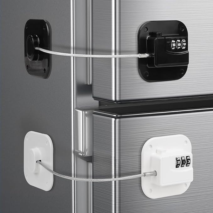 Child Proof Refrigerator Lock, 3 Digit Code Child Proof Fridge Lock for Kids, No Drill Self Adhesive Baby Safety Locks for Oven, Cabinet, Toilet Seat & Furniture, 2 Pack, Black & White