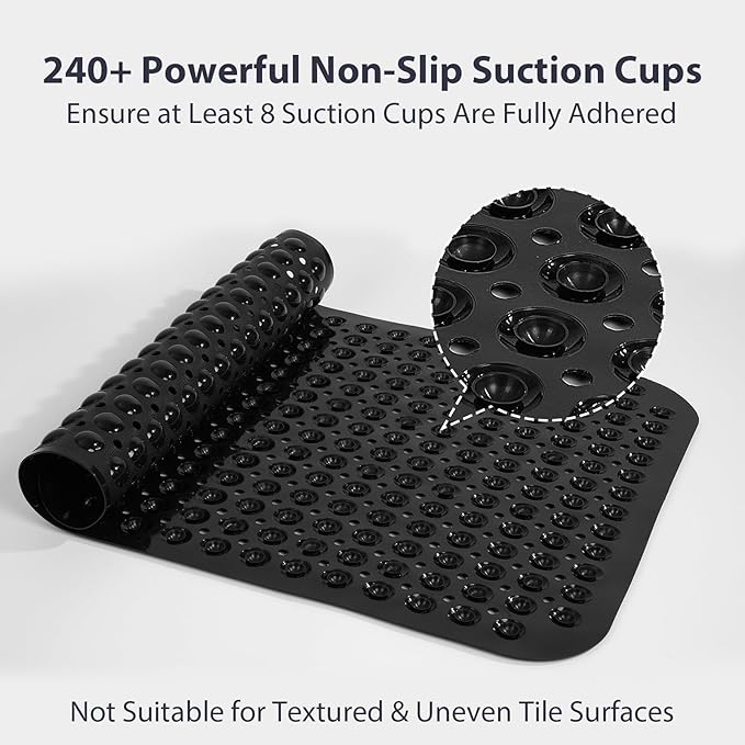 Large Shower Mat 21.5x33.5 Inch Black, Soft Non Slip Shower Mats for Inside Shower with Big Suction Cups Drain Holes, Extra Large Bath Bathtub Mat Floor Stall Mats, BPA-Free, Easy Clean