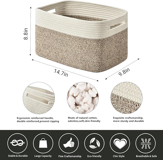 Issudata Storage Basket,Woven Baskets for Storage,Cotton Rope Baskets for Organizing,book Basket,towel,Toy Basket or Storage Bins for Living Room - 3 Pack,Brown
