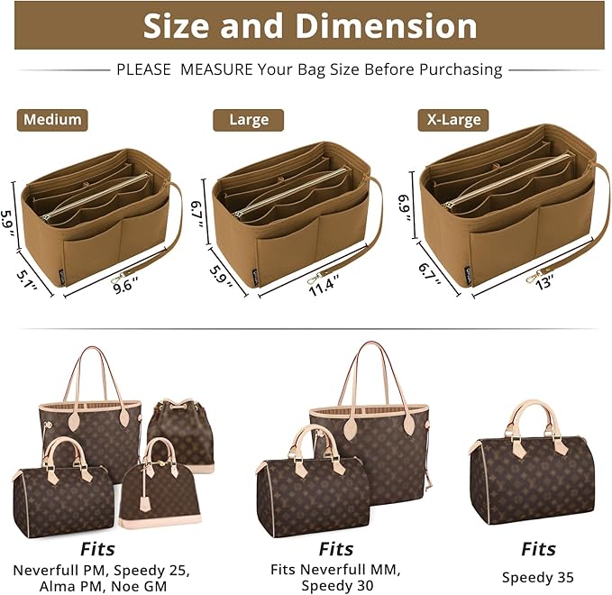 OPPOSHE Purse Organizer Insert for Handbags, Softened Felt Bag Insert Organizer for Tote, Compatible with LV, Coach, MK, Kate Spade, Goyard, Longchamp (Brown, Large)