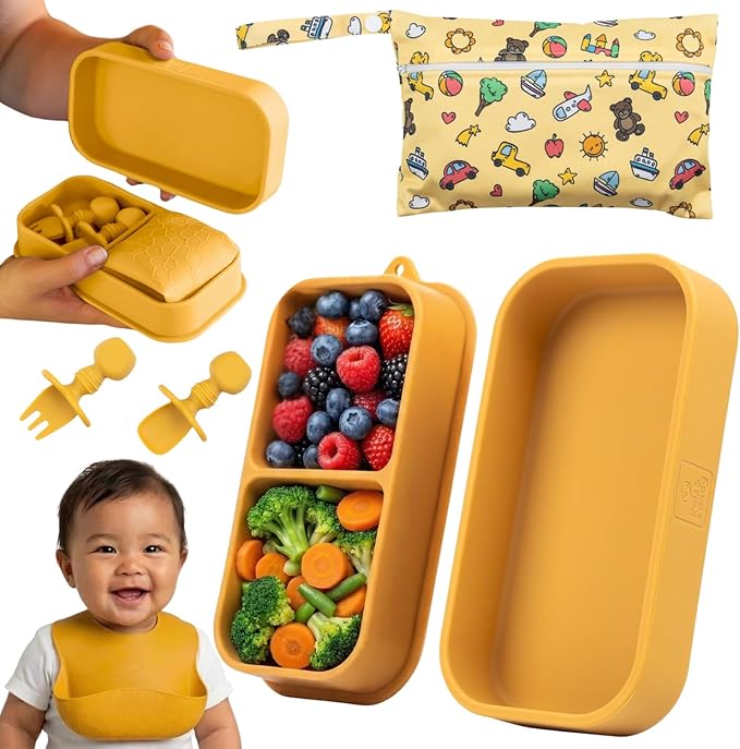 Baby Travel Essentials 6 Pc Silicone Feeding Set - Portable Toddler Plates with Suction, Baby Spoons & Foldable Bib in Carrying Case - BPA-Free Infant & Toddler Utensils for Airplanes & Eating Out