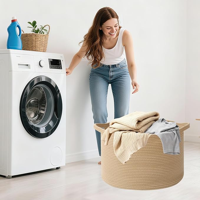 Large Storage Basket with Handle,23.6" x 23.6" x 15.7" Blanket Basket Storage Bins for Organizing,115L Cotton Rope Woven Baskets for Living Room, Nursery,Bedroom,Camel