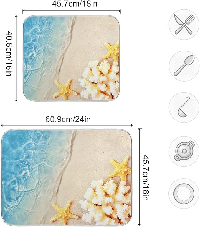 Absorbent Dish Drying Mat for Kitchen Counter - Starfish Coral Summer Microfiber Drying Pad, Reversible Drainer Mats for Countertop, Small 16" x 18"