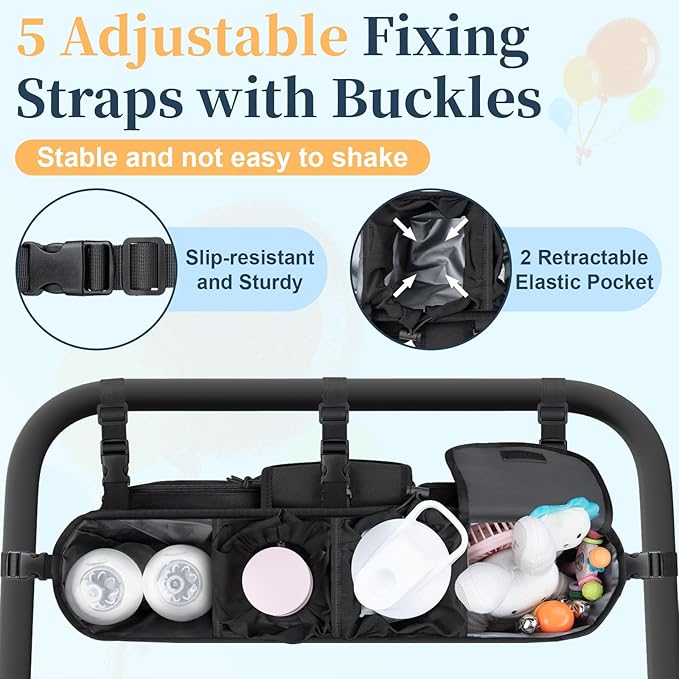 Double Stroller Organizer Compatible with Bob Duallie and Baby Jogger City Mini GT2, Double Baby Stroller Accessories with Cooler Bag, Parent Console Double Jogging Stroller Caddy with Cup Holder