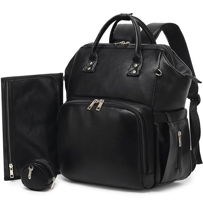 ROSEGIN Premium Vegan Leather Diaper Bag Backpack with Waterproof Changing Pad – Reinforced Stitching & Zippers, Baby Bag for Boy Girl, Stroller Straps, Ergonomic Design for Traveling Moms, Black