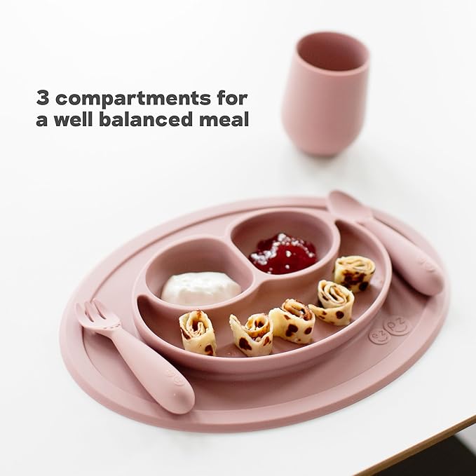 ezpz Mini Mat (Pewter) - 6 -12 Months+ - 100% Silicone Suction Placemat + Divided Plate with Three Compartments - Supports Baby-Led Weaning - Designed for Highchair, Table, and Travel