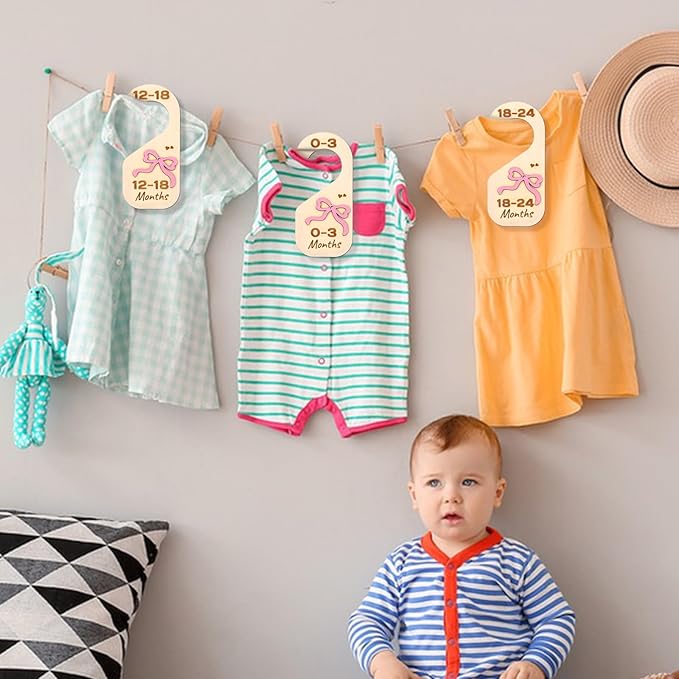 Bnesi Wooden Closet Dividers Wooden Bow Dividers for Closet Set of 7 Newborn Clothes Size Hanger Dividers from Newborn to 24 Months Pink Nursery Decor (Relaxing)