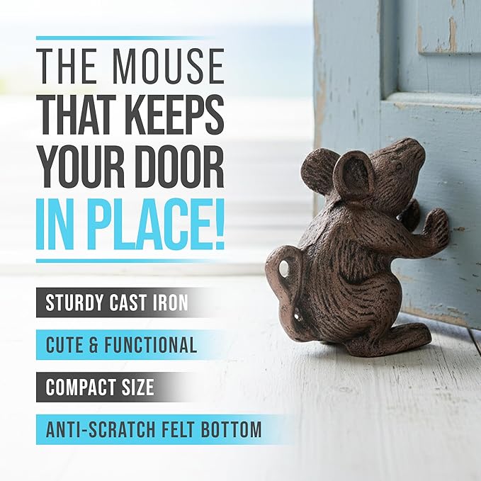 Comfify Cast Iron Mouse Door Stop – One Vintage Rustic Wedge for Bedroom, Bath, or Entry – Rustic Brown Finish