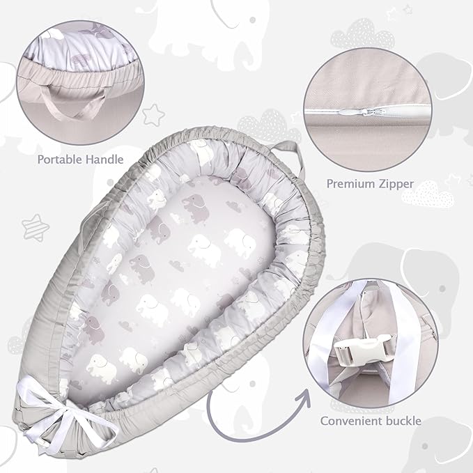 Baby Lounger Replacement Cover, Newborn Lounger cover for 0-12 Months, Breathable & Portable Infant Lounger Case, Soft Baby Floor Seat Cover for Travel, Machine Washable (Cover Only), Grey elephants