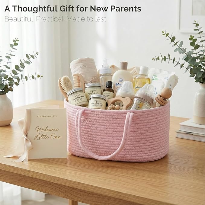 luxury little Diaper Caddy Organizer, Large Cotton Rope Nursery Baby Basket, Changing Table Organizer for Baby Diaper Storage, Portable Car Organizer Removable Divider (Light Pink, Large)