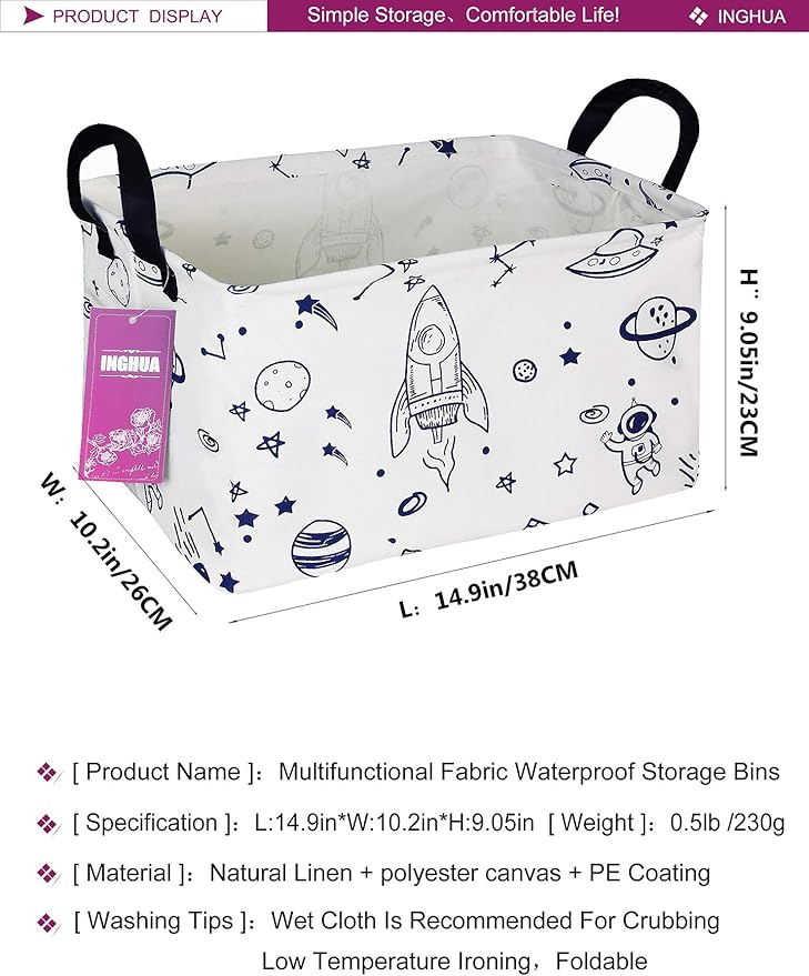 INGHUA Rectangular Storage Basket Fabric Organizer Bin for Toys,Books,Clothes,Gifts,Pets-Perfect for Home,Office,Nursery,Dorm,Shelf(Rec Spaceships)