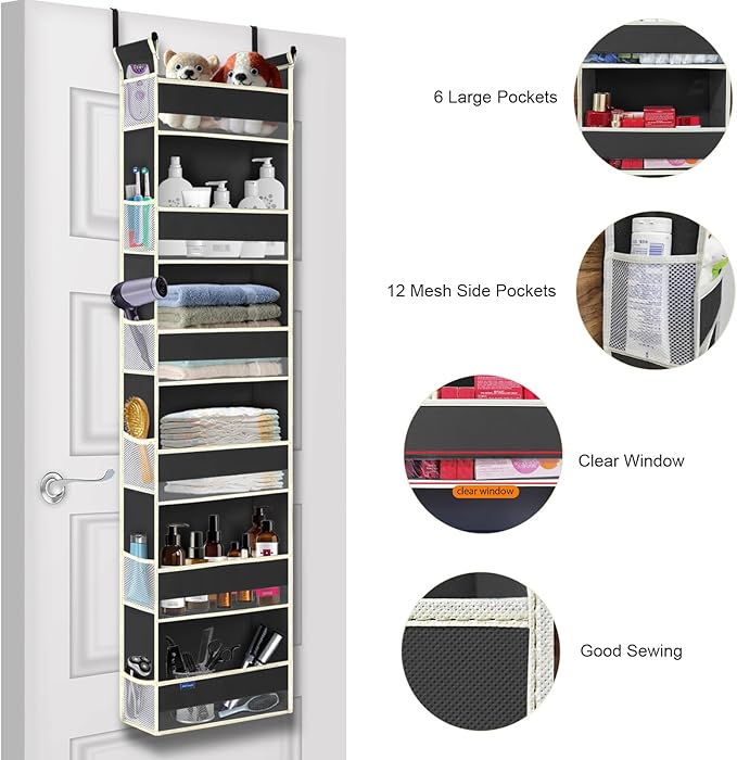 roomtalk Over The Door Hanging Organizer 6-Shelves and 12 Side Pockets, Over The Door Storage Organizer, Back of Door Organizers for Baby Accessories and Children's Toys (13"x5"x54", Black)