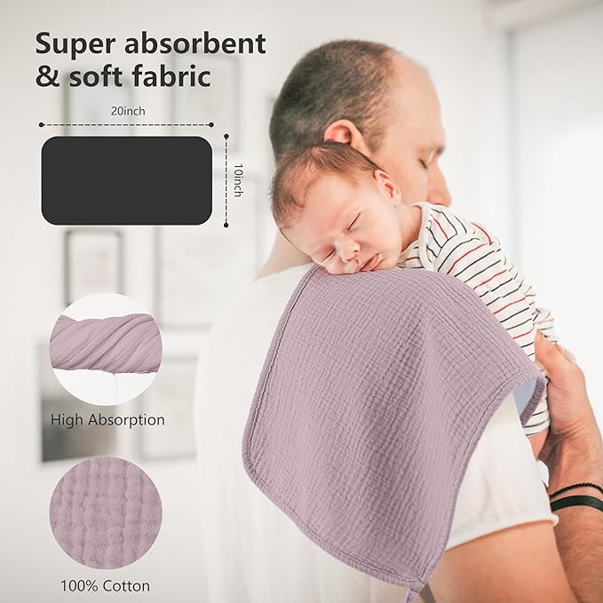 Bearmoss Muslin Burp Cloths, 100% Cotton Baby Burping Clothes, Large Extra Soft Absorbent for Unisex Newborn Boy and Girl, 20x10in, 6 Pack, Pink Print