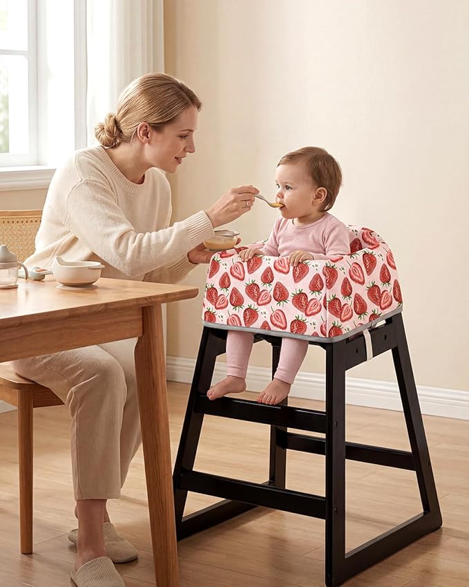 Mamatepe Baby High Chair Cover with Strap Pads & 2-Point Harness - Machine Washable, Waterproof, Portable for Restaurant/Travel/Home - Fits Wooden High Chairs, Red Strawberry