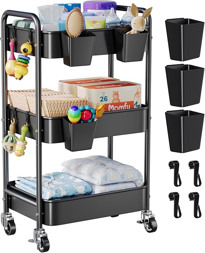 Baby Diaper Caddy Organizer and Storage, 3 Tier Rolling Cart with Wheels for Newborn Nursery Essentials, Baby Organizers for Changing Table, Crib, Bedroom, Movable Bedside Organizatio (Black)