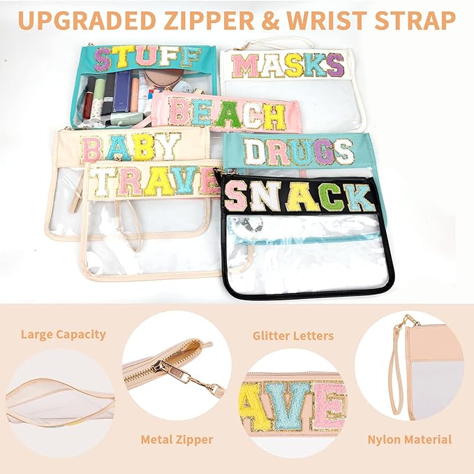 Iqimott Chenille Letter Clear Bag Travel Pouch, Monogram PVC & PU Makeup Cosmetic Bag Zipper Toiletry Pouch, Waterproof Portable Beach Snack Wristlet Bags for Women Girls(Travel, Pink)
