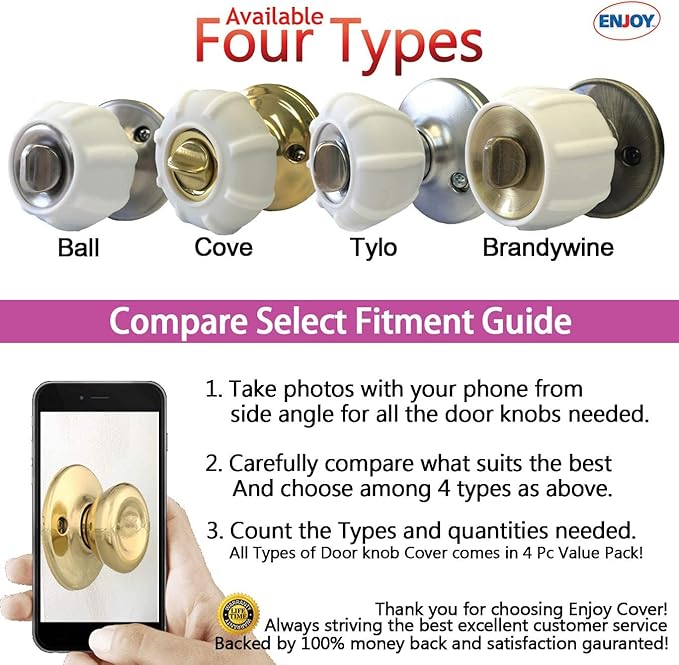 Enjoy Cover - Door Knob Cover Grips Non Slip Arthritis & Senior Living Aids Grippy Easy Open Decorative. Simple Functional Effective Solution- 4 Pack (White, Cove)
