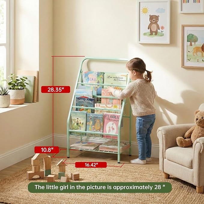 JAQ Green Kids Bookshelf, 4-Tier Metal Book Display Rack for Small Space, Child-Safe Forward Facing Toddler Bookshelf for Classroom, Nursery & Playroom, Easy-to-Clean Sling Design (28.35" Height)