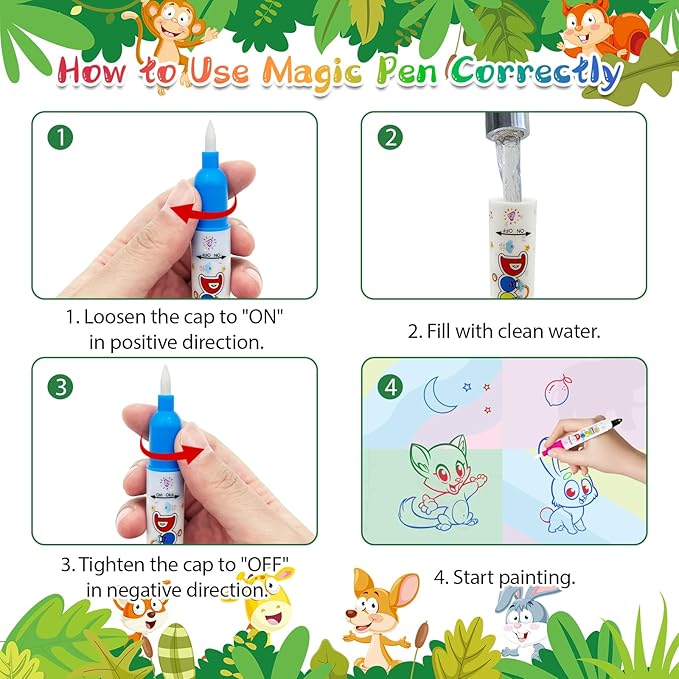 Water Doodle Mat Kids Mess Free Coloring for Toddlers 3 4 5 6 7 8 9 Years, 19 Pack Educational Toys, Doodle Mat with Magic Water Pens Boys Girls Christmas Birthday Holiday Present