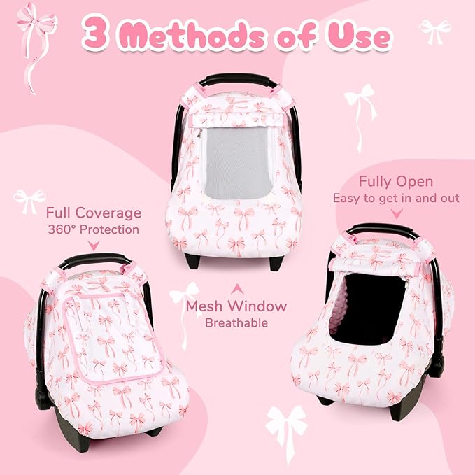 Baby Car Seat Cover, Windproof Carseat Cover for Infant Girls, Infant Warm Carseat Canopy with Double Layer Fabric for Winter, Compatible with Most Baby Car Seat, Bow