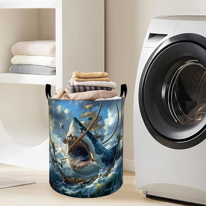 Fierce Shark Attack with Ship Laundry Basket with Handles, 19.7"x15.7" Clothes Foldable Laundry Hamper Organizer for Dorm Nursery Bedroom Bathroom Decor, Toy Storage Bin for Kids
