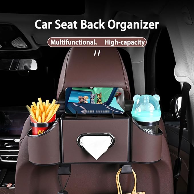 Back Seat Car Organizer,4 in 1 Multifunctional Car Back Seat Storage Box with Drink Cup Holder Tissue Box, for Hold Phone,Snacks, Drinks, Handbag