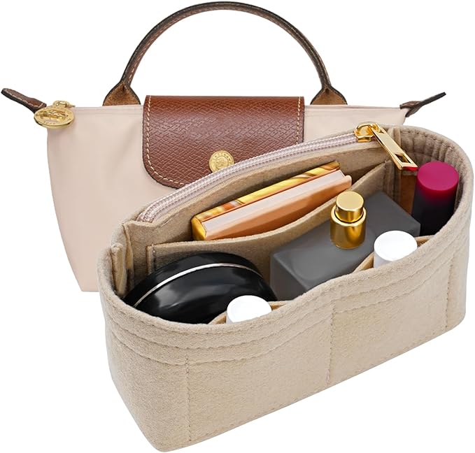 LOUKAYCCI Felt Purse Organizer Insert for Longchamp Mini bag Wihte Zipper Insert (Zipper Beige, Mini)
