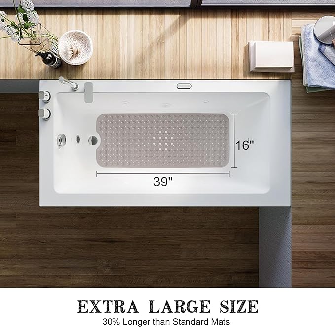 Linoows Bathtub and Shower Mats, Extra Long Non-Slip Bath Tub Mat 39 x 16 Inch, Machine Washable Bathmat with Suction Cups & Drain Holes for Bathroom Floor, Tan