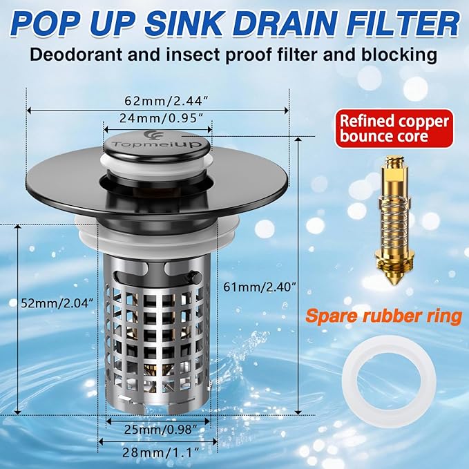 Sink Stopper Hair Catcher, Pop-up Sink Drain Strainer with Removable Stainless Steel Strainer Basket Hair Catcher, Bathroom Sink Strainer for Bathroom Sink Stopper Replacement