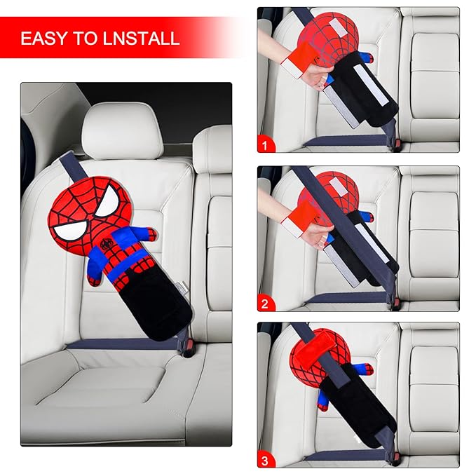 Seatbelt Pillow Cover for Kids, Stuffed Soft Plush Spidery Travel Pillow in Car, Detachable Protectors for Head Neck and Shoulder, Universal Carseat Strap Cushion Pads for Child Baby People Adults