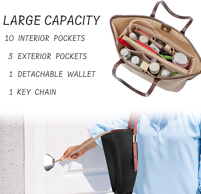 Purse Organizer Insert with Zipper Felt Bag Organizer Handbag Organizer Insert Bag in Bag Organizer with Key Chain for Tote Purse Bag Beige XLarge