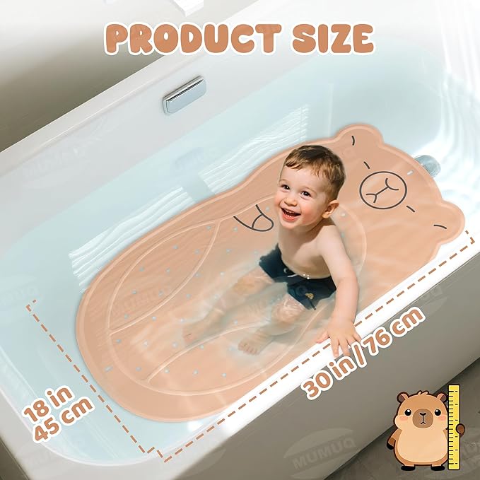Non Slip Shower Mat Baby Bath Tub Mat Ruber Cartoon Capybara Bathtub Mats for Toddlers and Kids Cute Bath Mats with Suction Cups and Drain Holes 30"x18", Brown