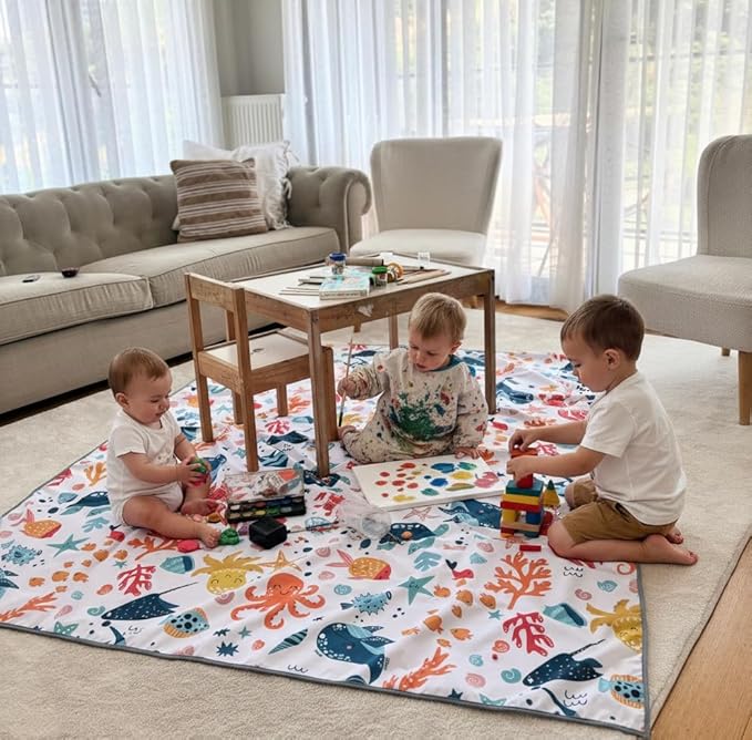 Waterproof High Chair Splat Mat – Machine Washable Floor & Table Protector for Baby Feeding, Art & Crafts, Outdoor Use (Ocean, 114x98 Inch)