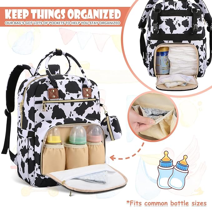 Tenot Baby Diaper Bag Backpack, Travel Diaper Bags for Baby Girl Boy Large Capacity Baby Bag Backpack for Women Cow Print